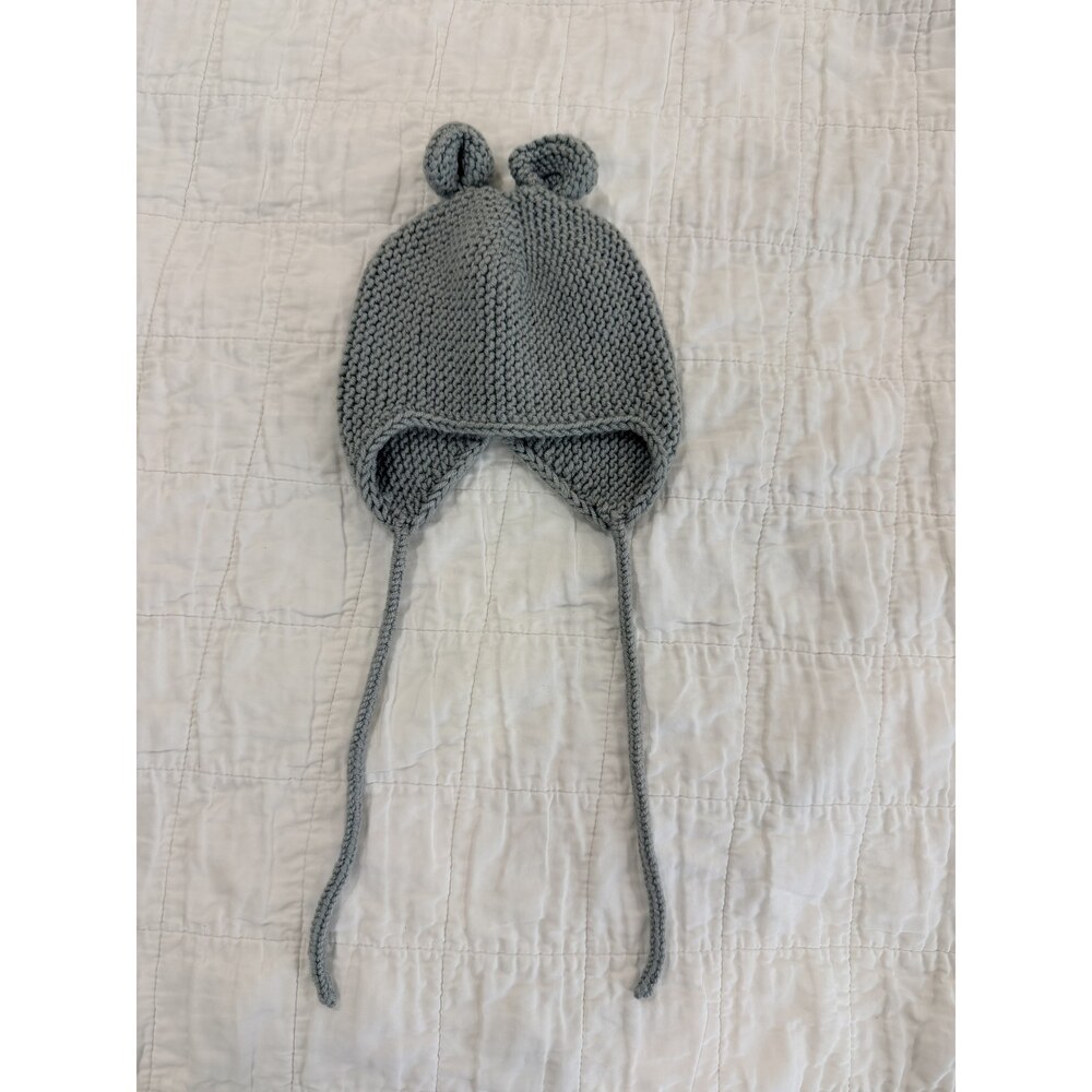Handmade Knit Baby Bonnet Gray Bear Ears Tie Hat Newborn Photo Prop